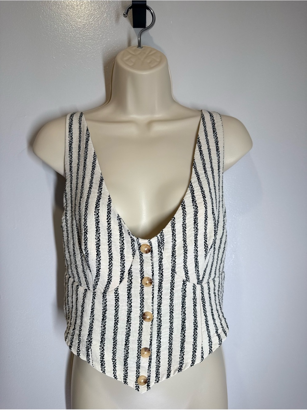 Striped Cream and Black Button-Front Women's Tank Top Medium